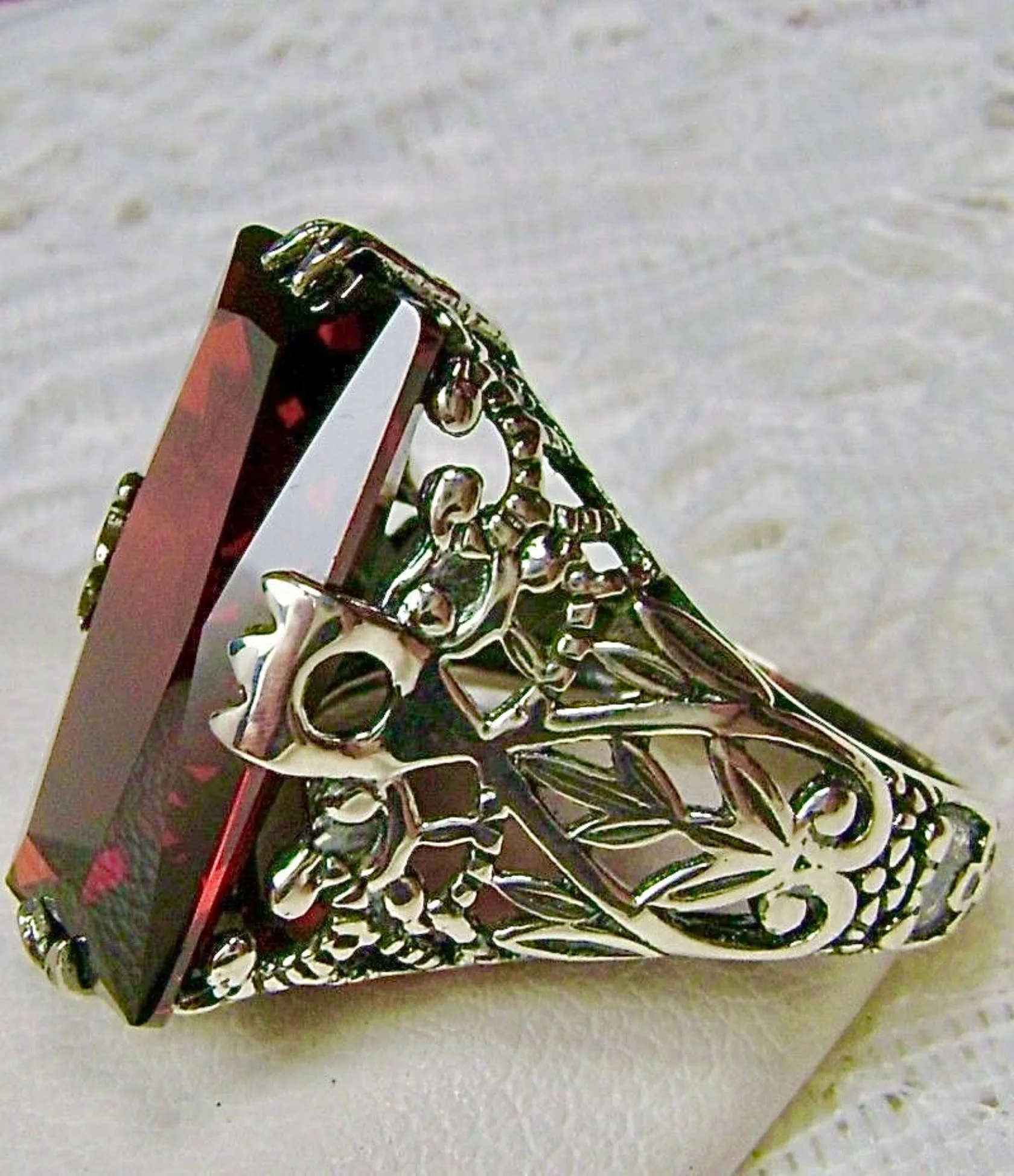 Garnet CZ Ring, Baguette Intaglio, Victorian Jewelry  #D31