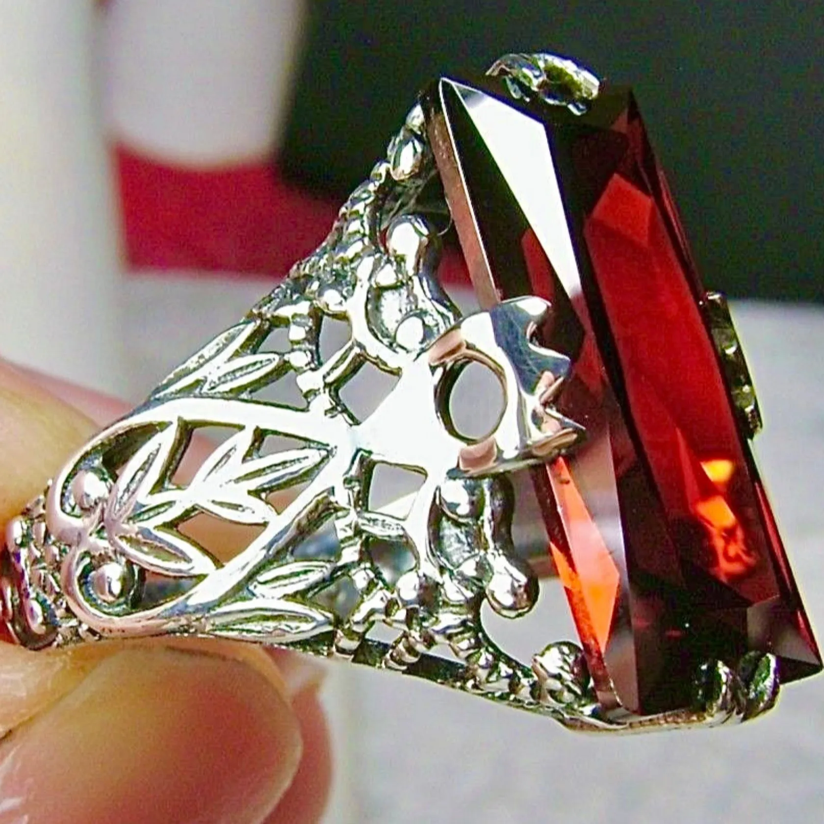 Garnet CZ Ring, Baguette Intaglio, Victorian Jewelry  #D31