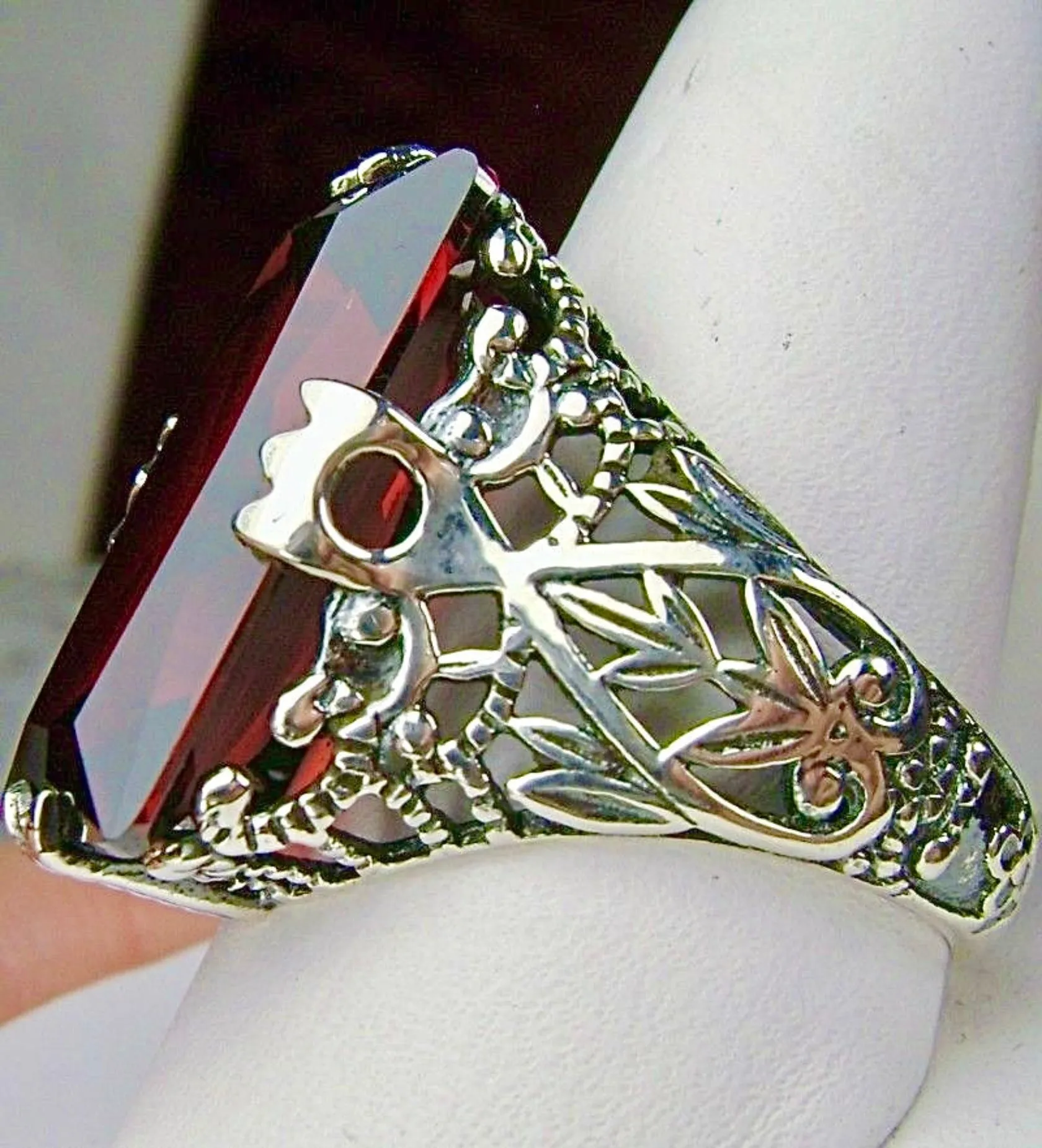 Garnet CZ Ring, Baguette Intaglio, Victorian Jewelry  #D31