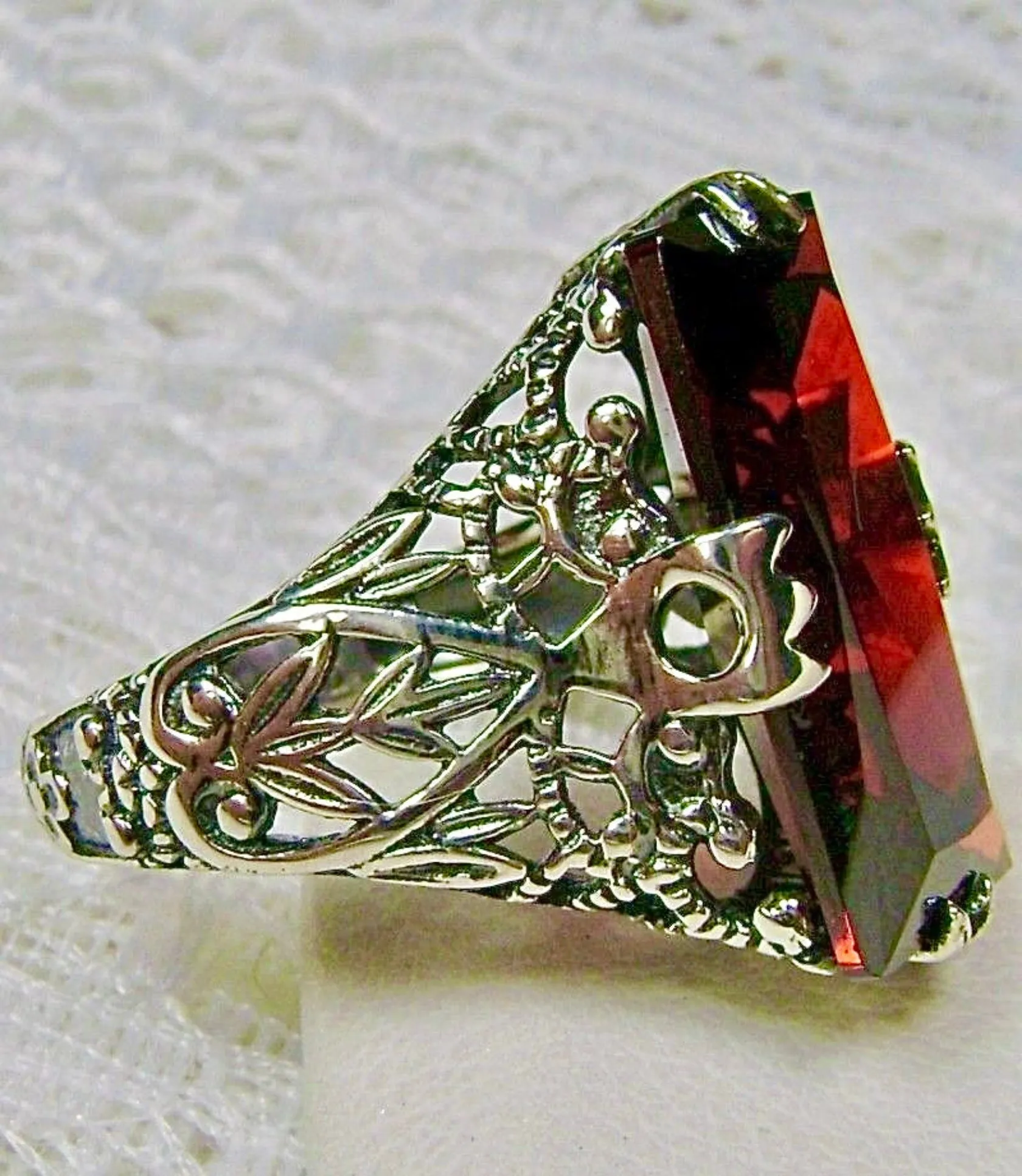 Garnet CZ Ring, Baguette Intaglio, Victorian Jewelry  #D31