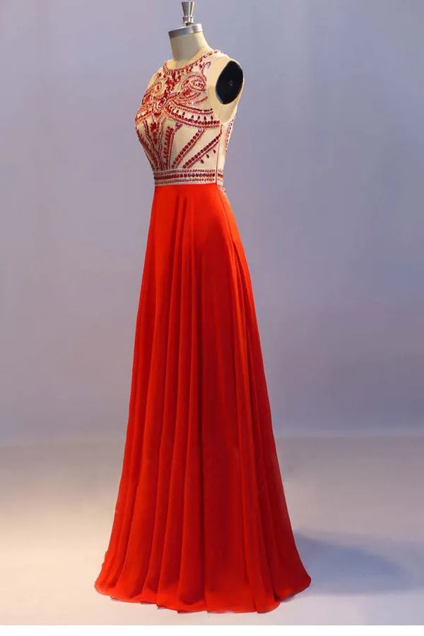 Glamorous A-line Crew Neck Floor Length Orange Prom Dress with Beading Crystals Pleats LPD044