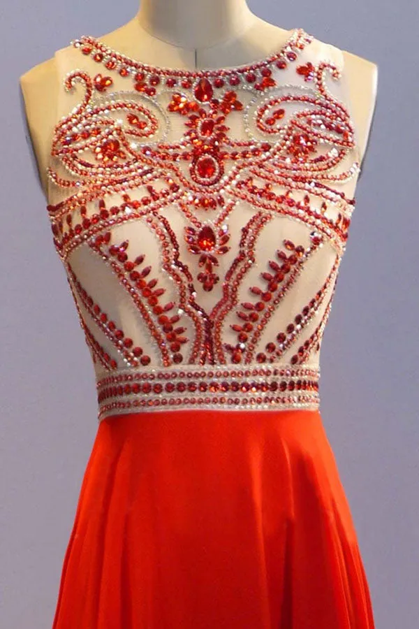 Glamorous A-line Crew Neck Floor Length Orange Prom Dress with Beading Crystals Pleats LPD044