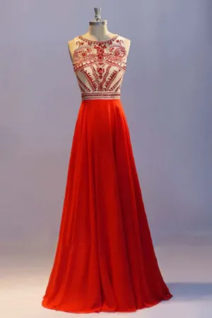 Glamorous A-line Crew Neck Floor Length Orange Prom Dress with Beading Crystals Pleats LPD044