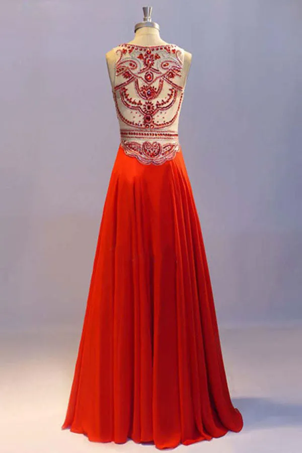 Glamorous A-line Crew Neck Floor Length Orange Prom Dress with Beading Crystals Pleats LPD044