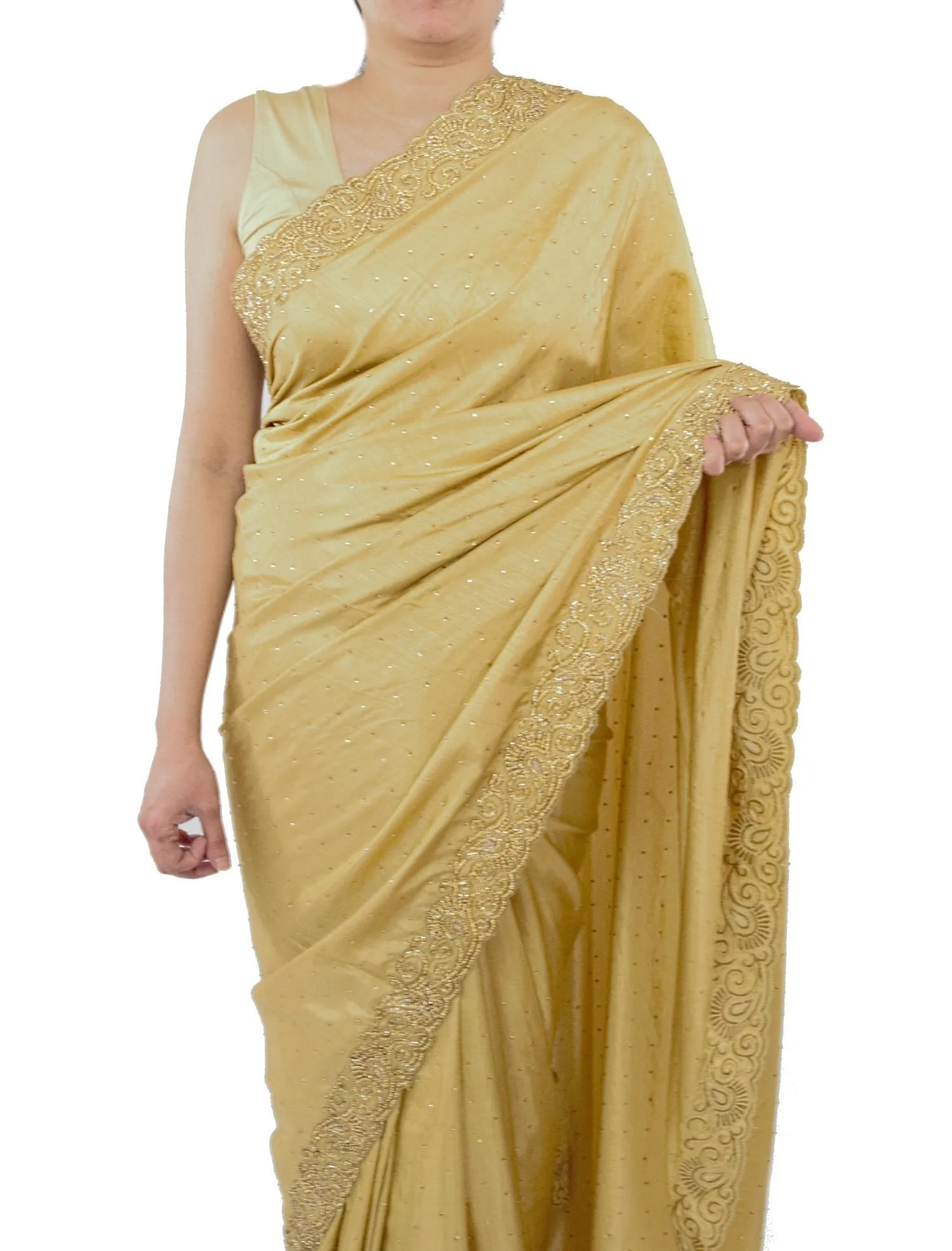 Gold Color Silk Saree with Swarovski Crystals Work
