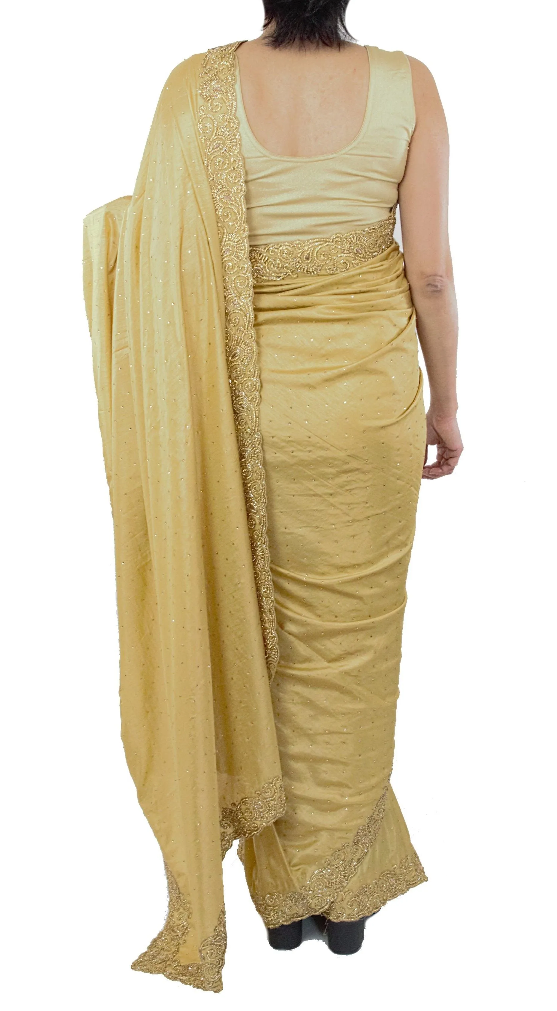 Gold Color Silk Saree with Swarovski Crystals Work