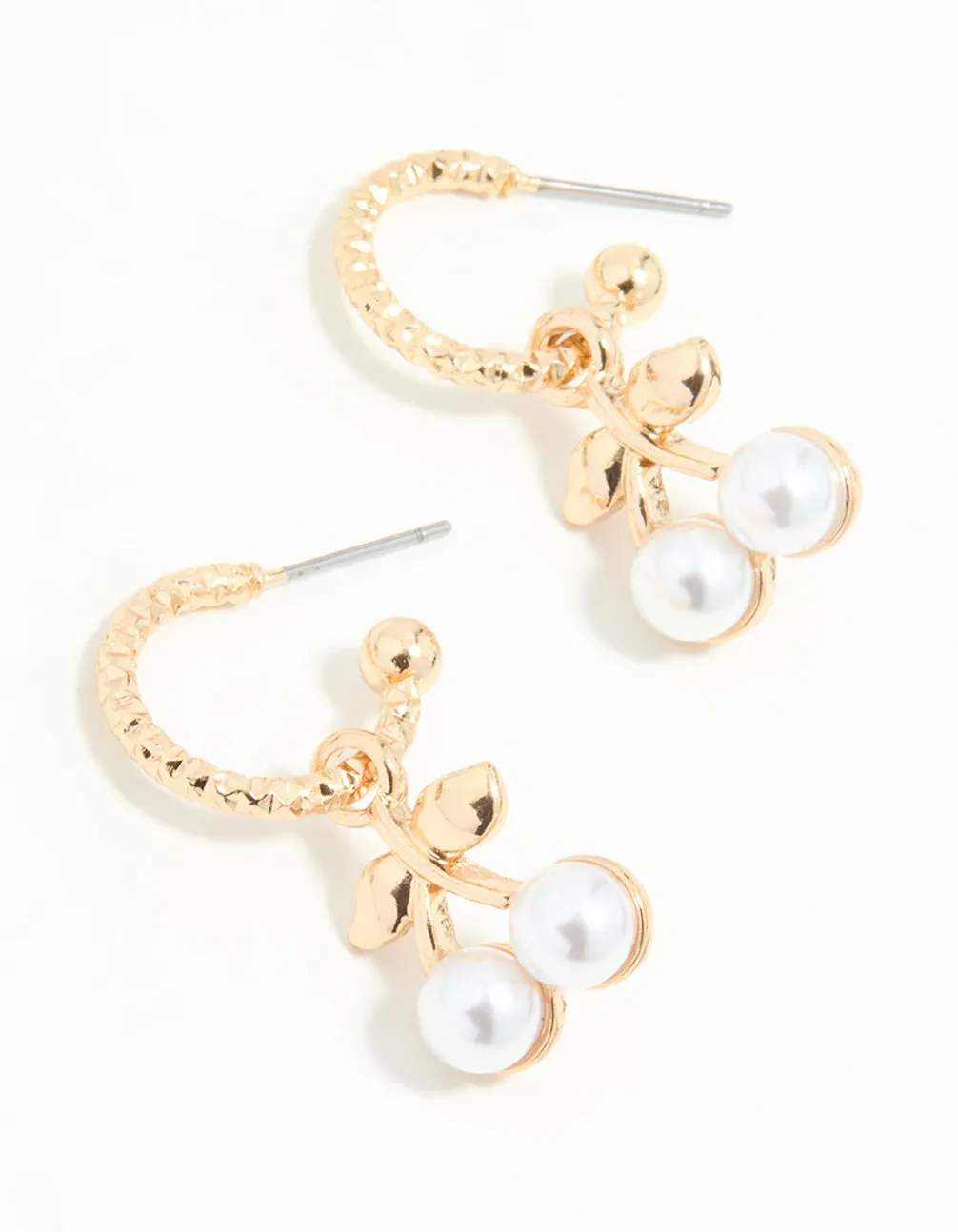 Gold Pearl Cherry Huggie Earrings