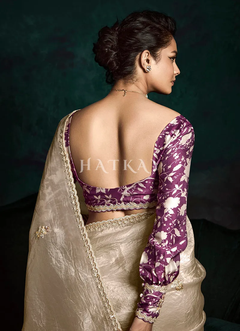 Golden Beige And Purple Handwork Tissue Silk Saree