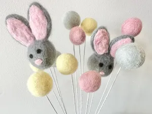 Gray Bunny & Felt Ball Flower Bouquet