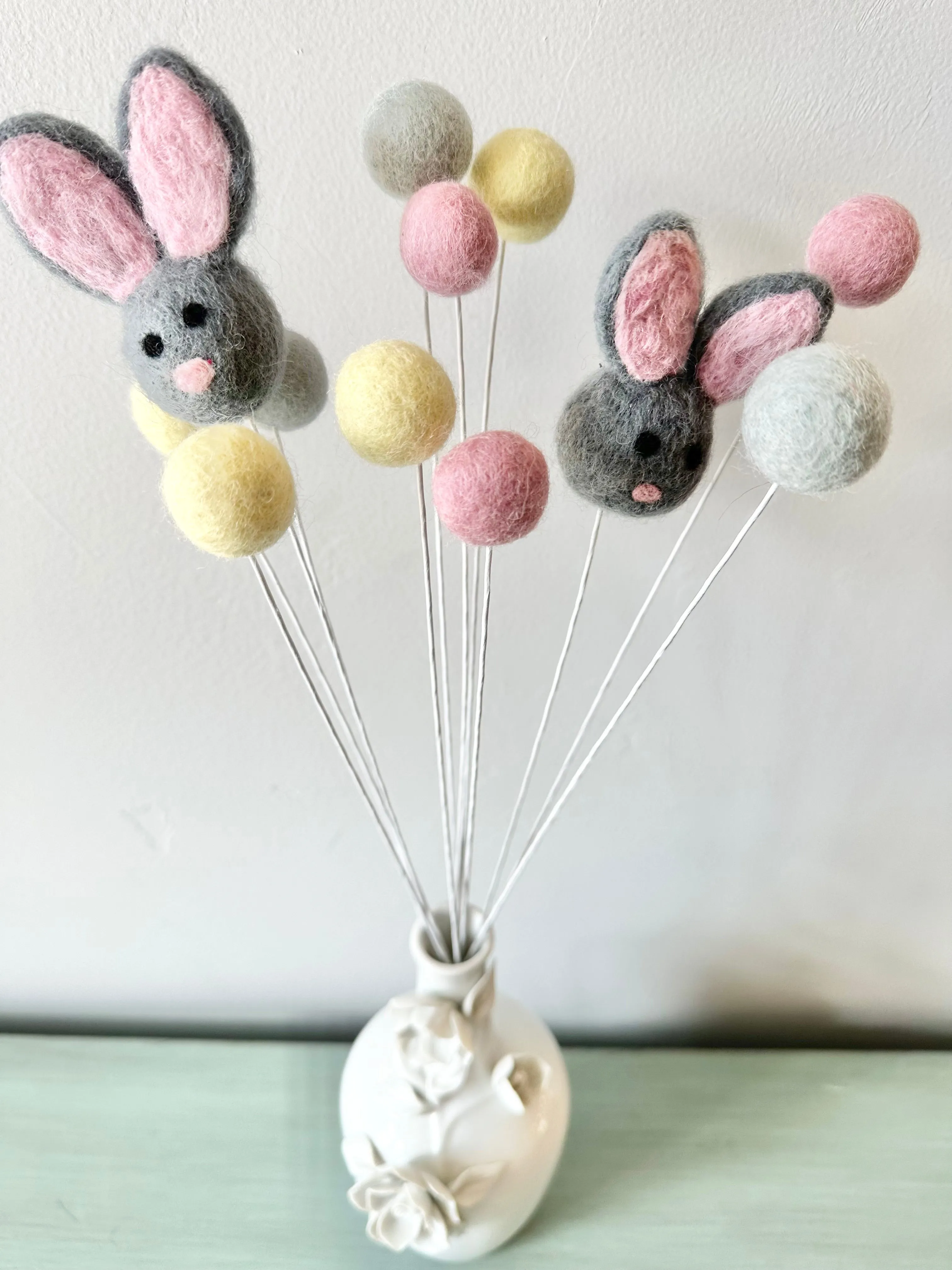 Gray Bunny & Felt Ball Flower Bouquet