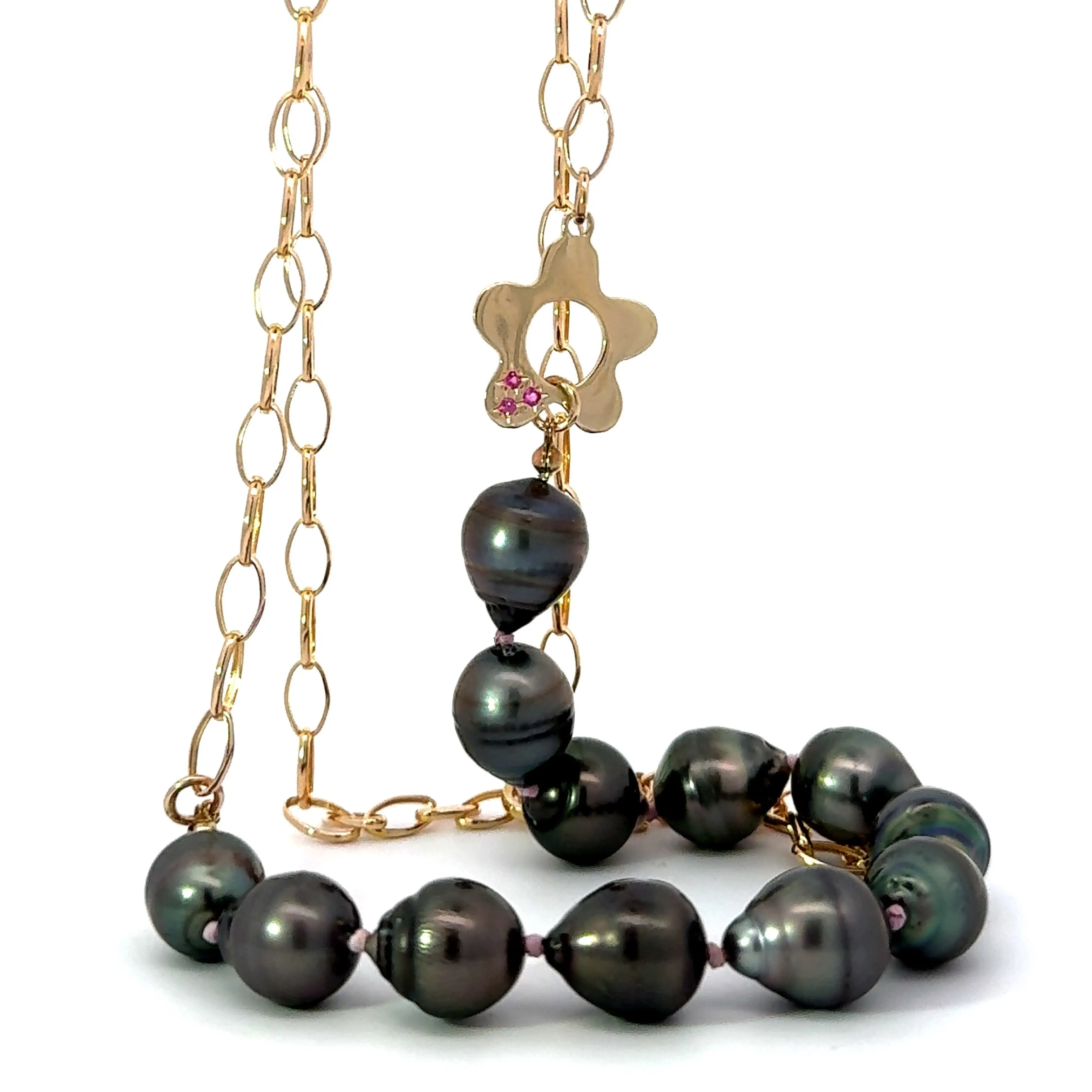 Gray Pearl and Gold Oval Chain Necklace