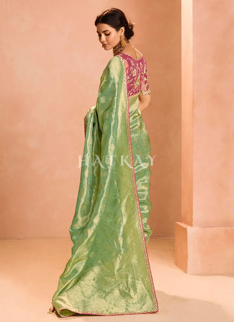 Green And Pink Embroidery Saree