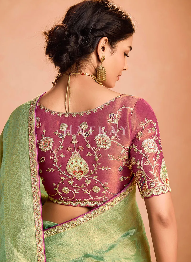 Green And Pink Embroidery Saree
