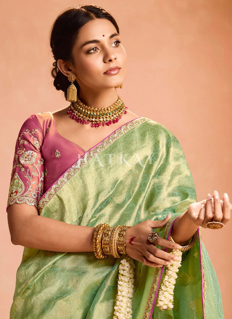Green And Pink Embroidery Saree