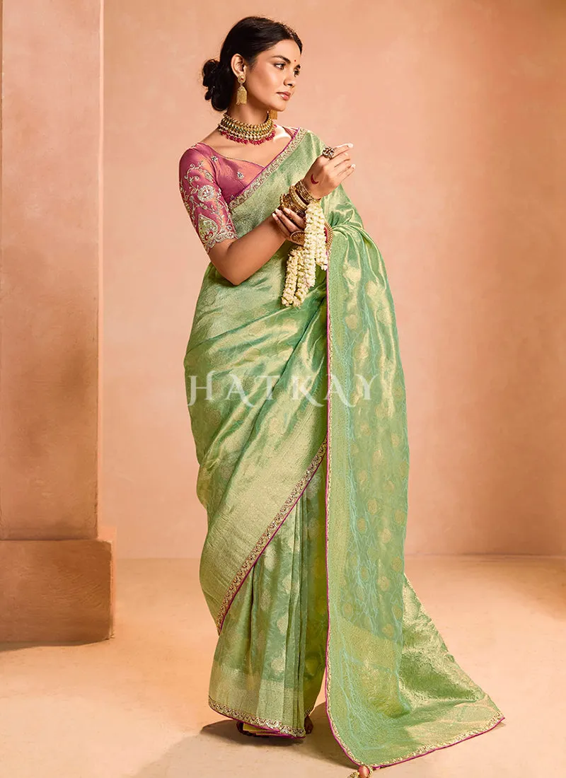 Green And Pink Embroidery Saree