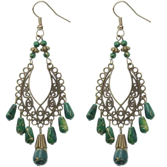 Green Bronze Beaded Filigree Drop Earrings