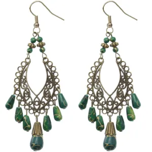 Green Bronze Beaded Filigree Drop Earrings