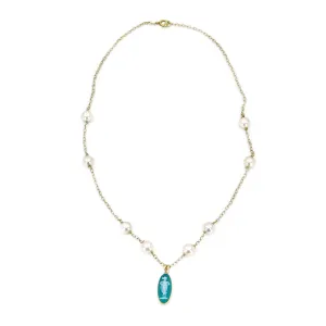 Green Chalcedony Cameo Japanese Cultured Akoya Pearl Station Necklace- 14K White Yellow 17 Inch
