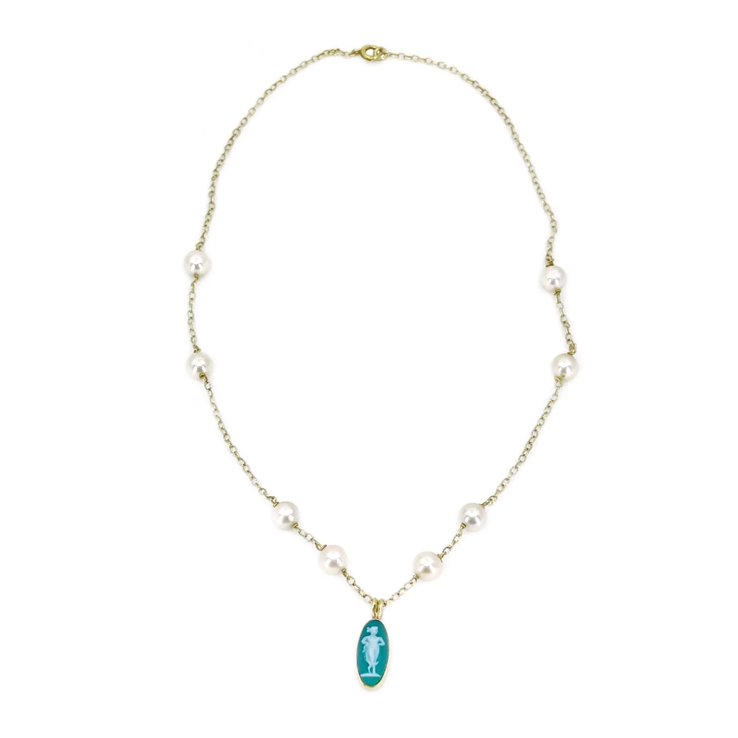 Green Chalcedony Cameo Japanese Cultured Akoya Pearl Station Necklace- 14K White Yellow 17 Inch