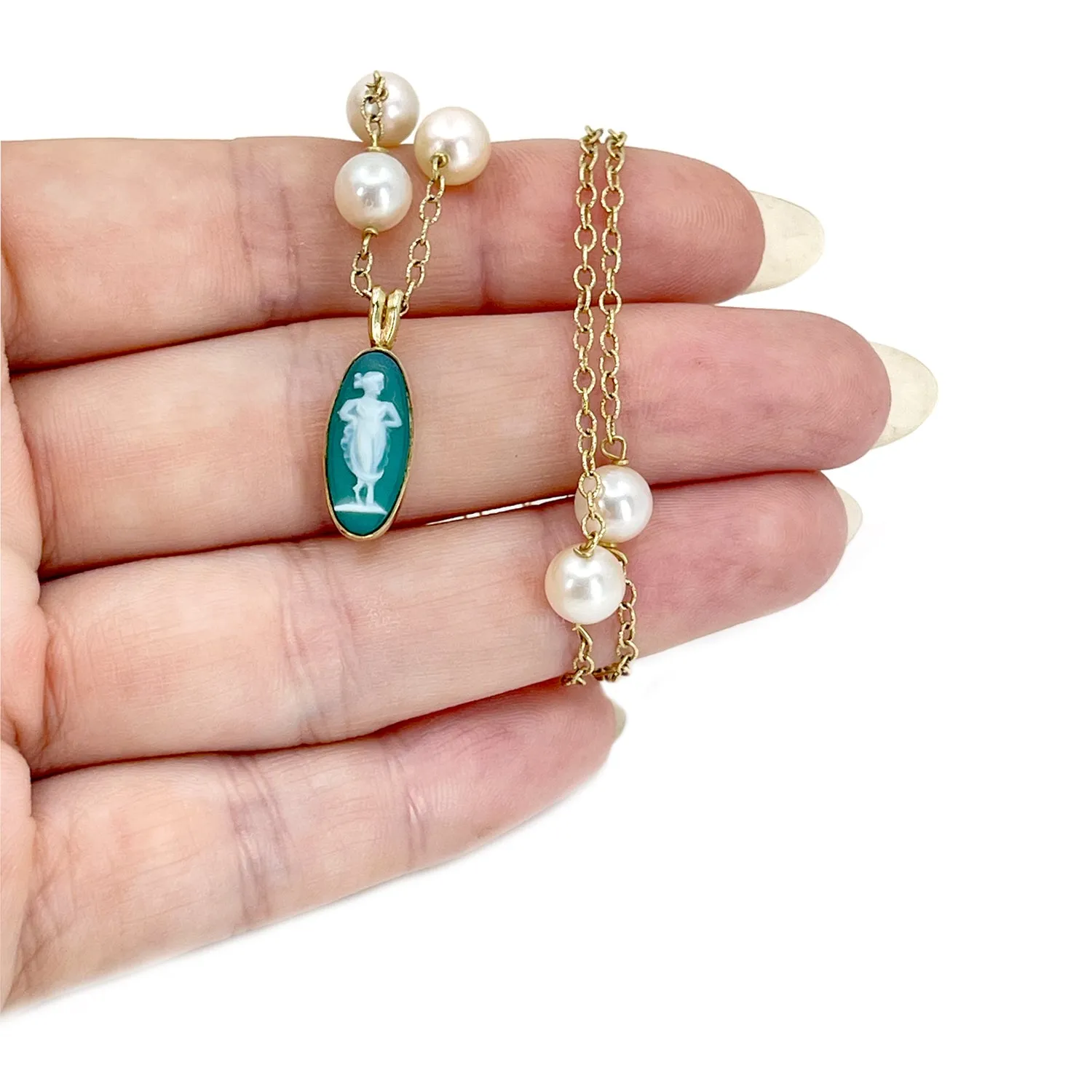 Green Chalcedony Cameo Japanese Cultured Akoya Pearl Station Necklace- 14K White Yellow 17 Inch