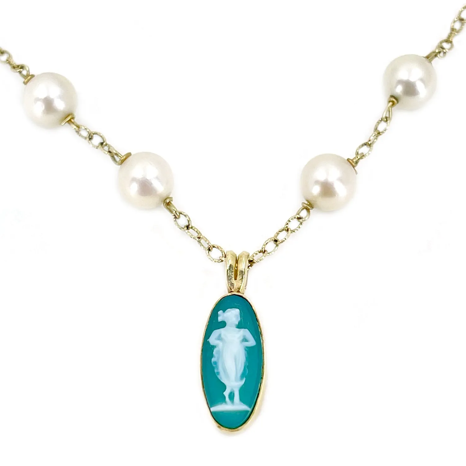 Green Chalcedony Cameo Japanese Cultured Akoya Pearl Station Necklace- 14K White Yellow 17 Inch