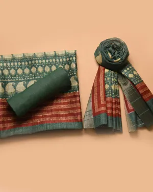 Green Cotton Silk Blend Printed Unstitched Suit Fabric Set With Cotton Silk Printed Dupatta