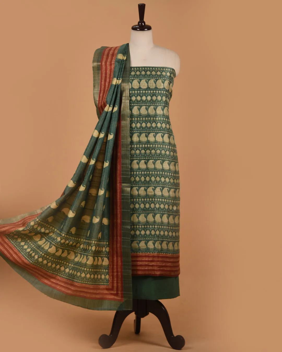 Green Cotton Silk Blend Printed Unstitched Suit Fabric Set With Cotton Silk Printed Dupatta