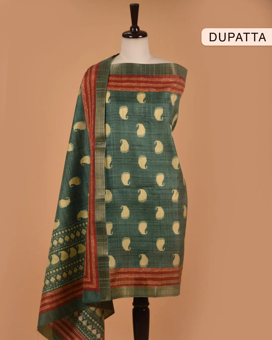Green Cotton Silk Blend Printed Unstitched Suit Fabric Set With Cotton Silk Printed Dupatta