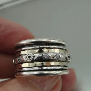 Hadar Designers Handmade 9k Yellow Gold Silver CZ Swivel Ring 6,7,8,9,10 (I r551