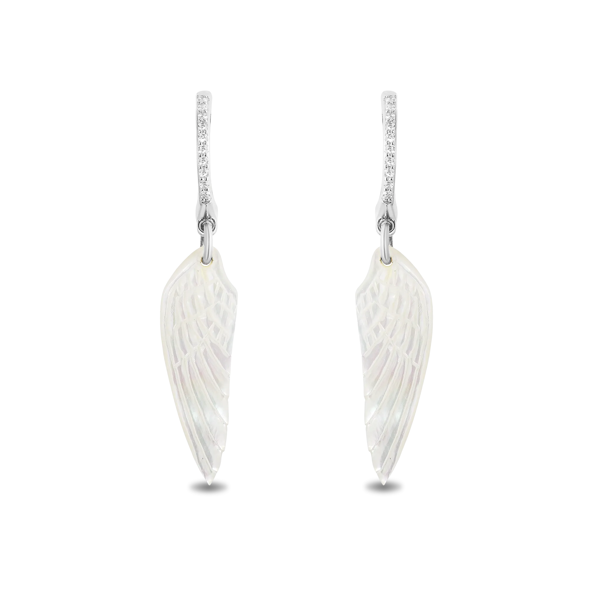 Hallmark Fine Jewelry Wing Drop Earrings in Carved Mother of Pearl and Sterling Silver with Diamonds