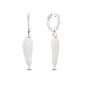 Hallmark Fine Jewelry Wing Drop Earrings in Carved Mother of Pearl and Sterling Silver with Diamonds
