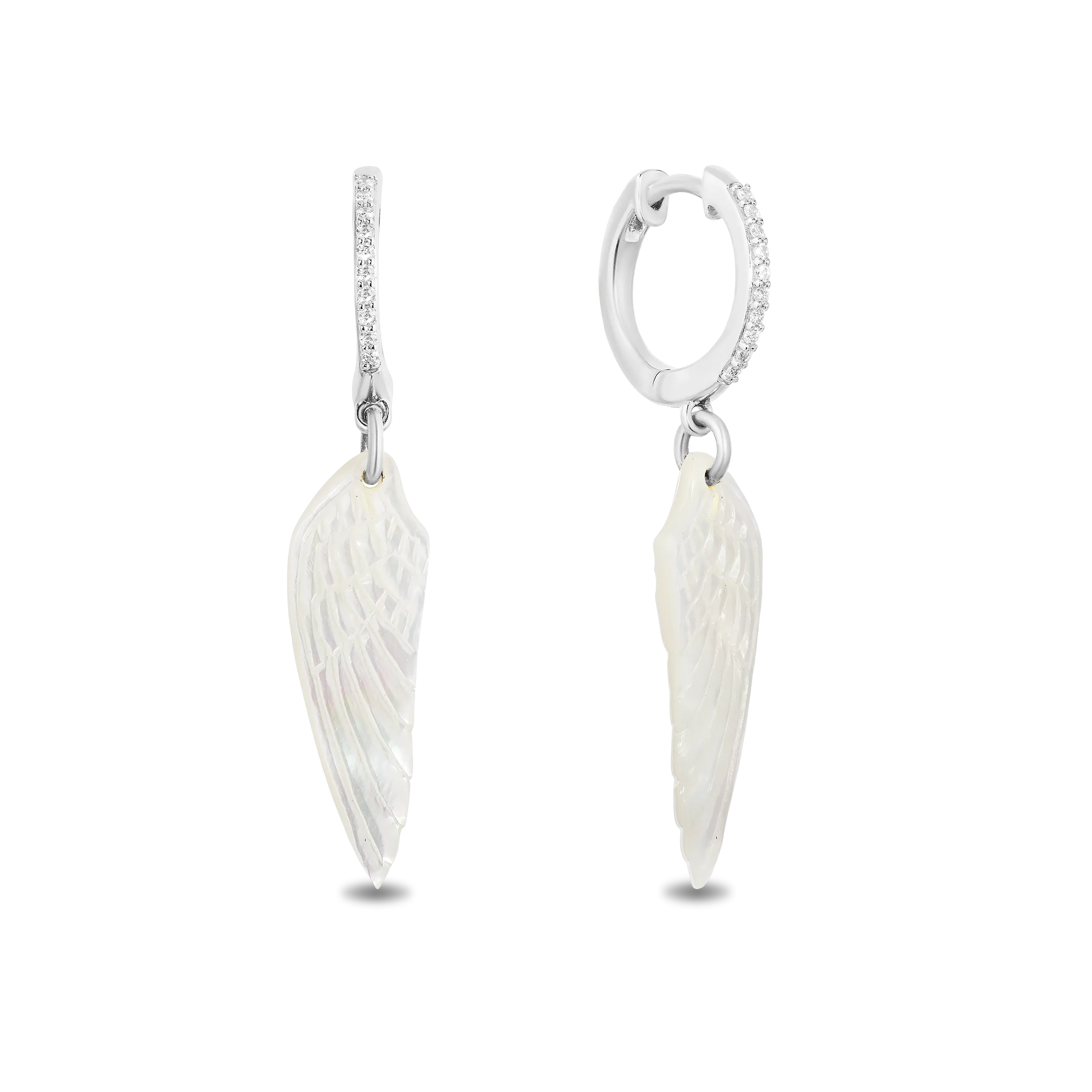 Hallmark Fine Jewelry Wing Drop Earrings in Carved Mother of Pearl and Sterling Silver with Diamonds