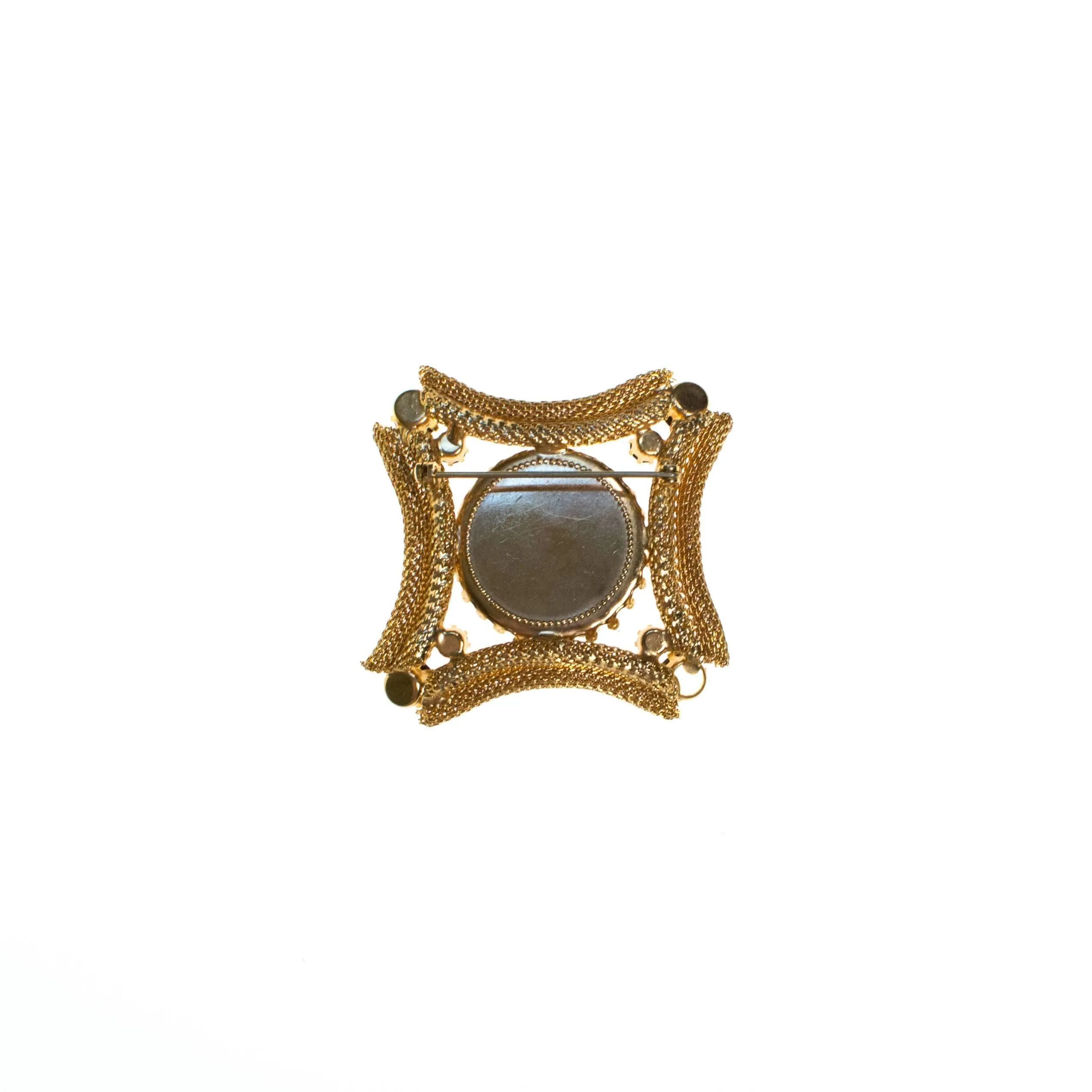 Hand Painted Floral Porcelain Brooch with Rhinestones, Gold Tone Setting