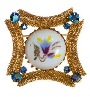Hand Painted Floral Porcelain Brooch with Rhinestones, Gold Tone Setting