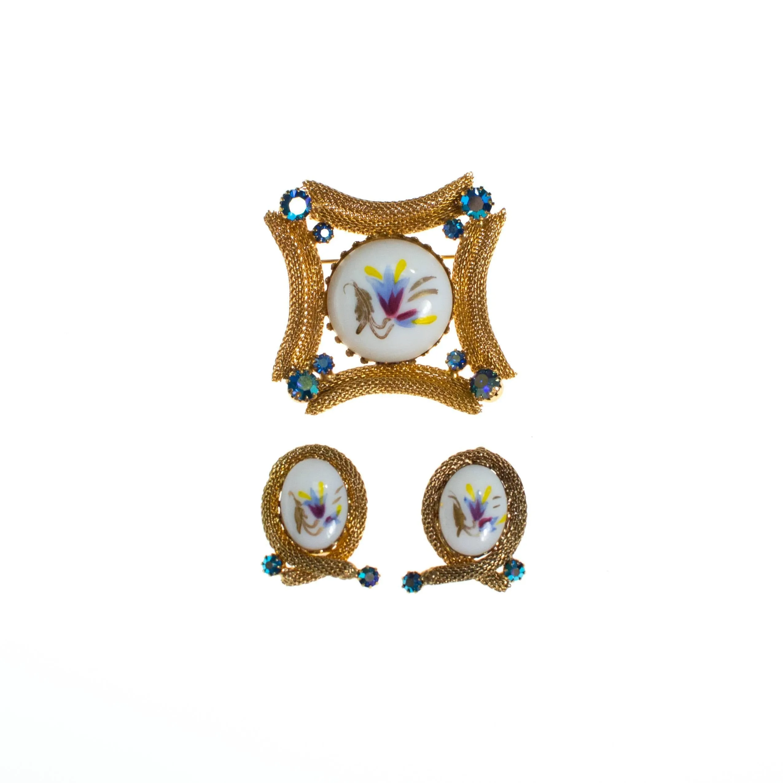 Hand Painted Floral Porcelain Brooch with Rhinestones, Gold Tone Setting