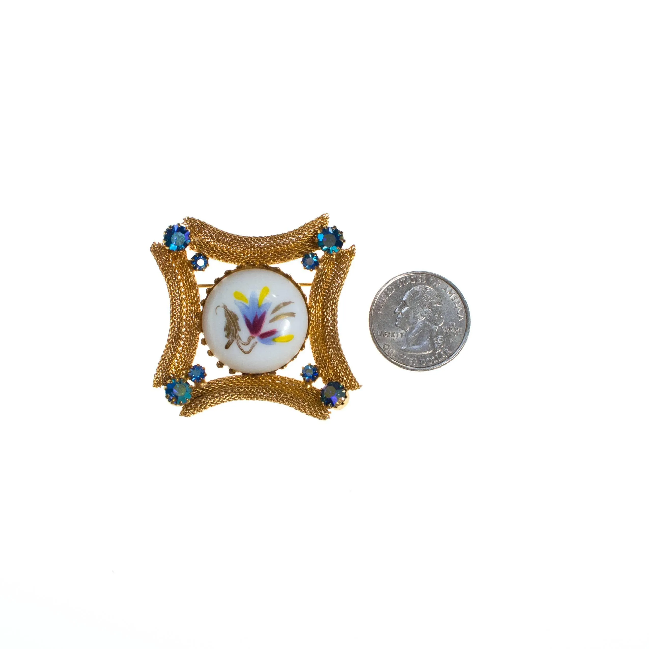 Hand Painted Floral Porcelain Brooch with Rhinestones, Gold Tone Setting