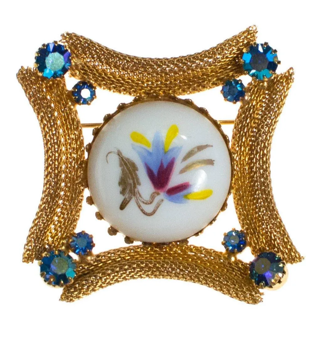 Hand Painted Floral Porcelain Brooch with Rhinestones, Gold Tone Setting