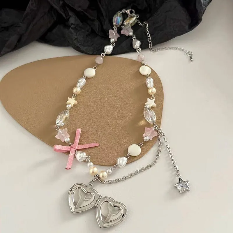 Handmade Heart Locket Pendant Crystal Star Pearl Chain Choker Necklace