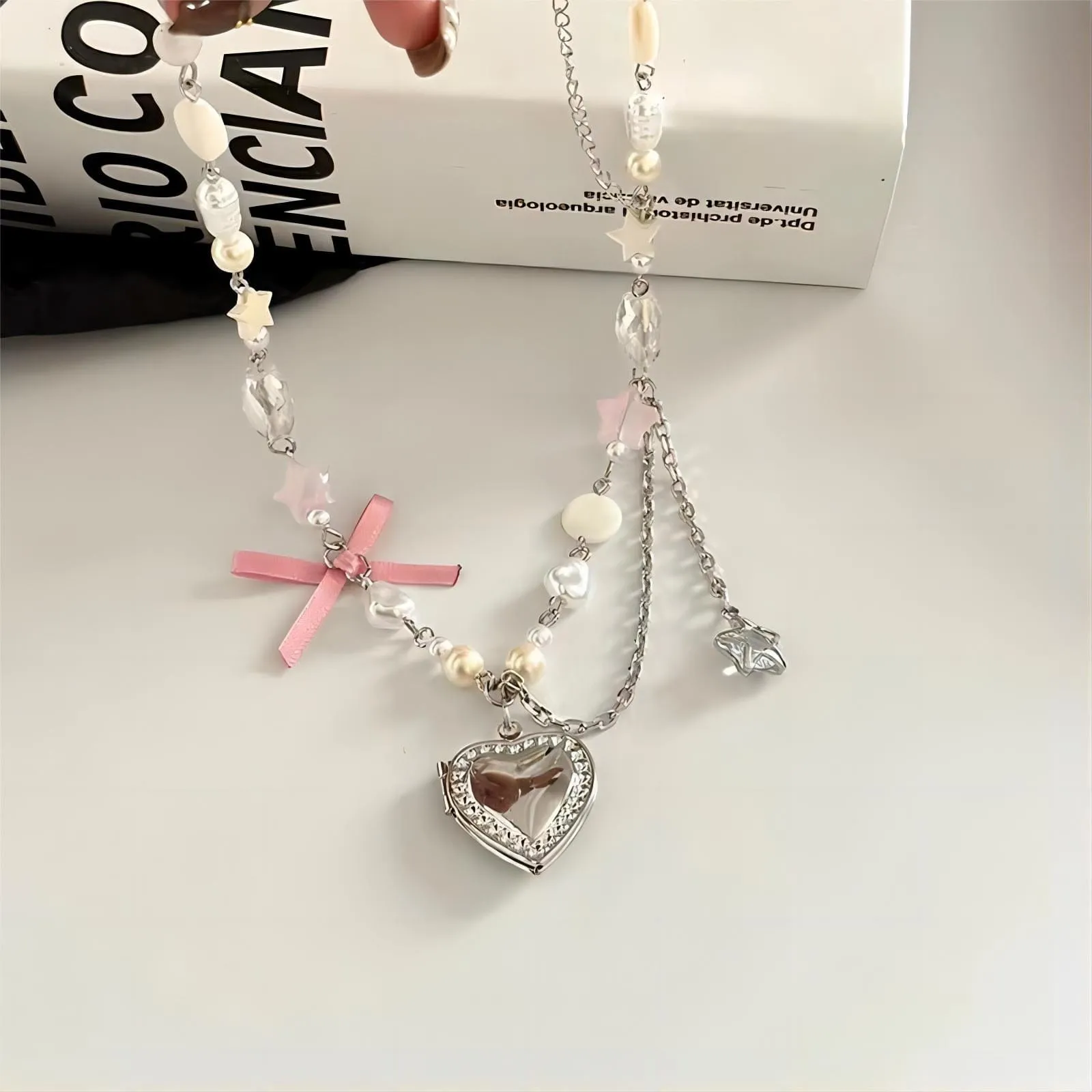 Handmade Heart Locket Pendant Crystal Star Pearl Chain Choker Necklace