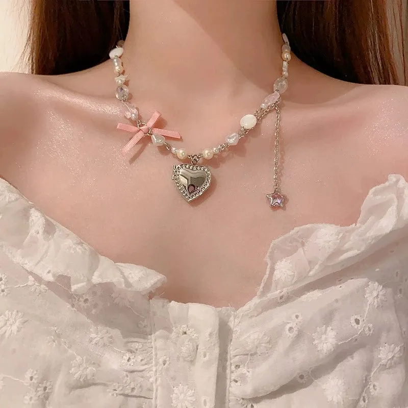 Handmade Heart Locket Pendant Crystal Star Pearl Chain Choker Necklace