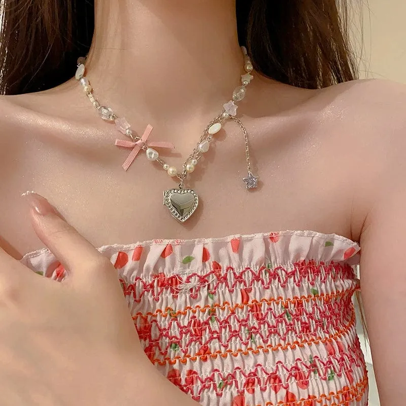 Handmade Heart Locket Pendant Crystal Star Pearl Chain Choker Necklace