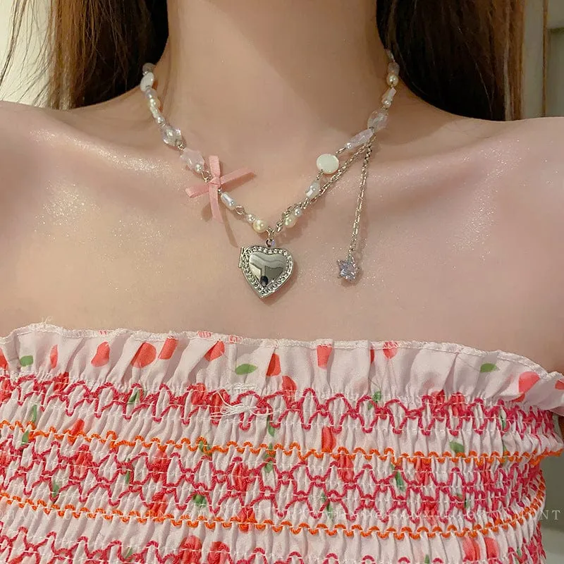 Handmade Heart Locket Pendant Crystal Star Pearl Chain Choker Necklace