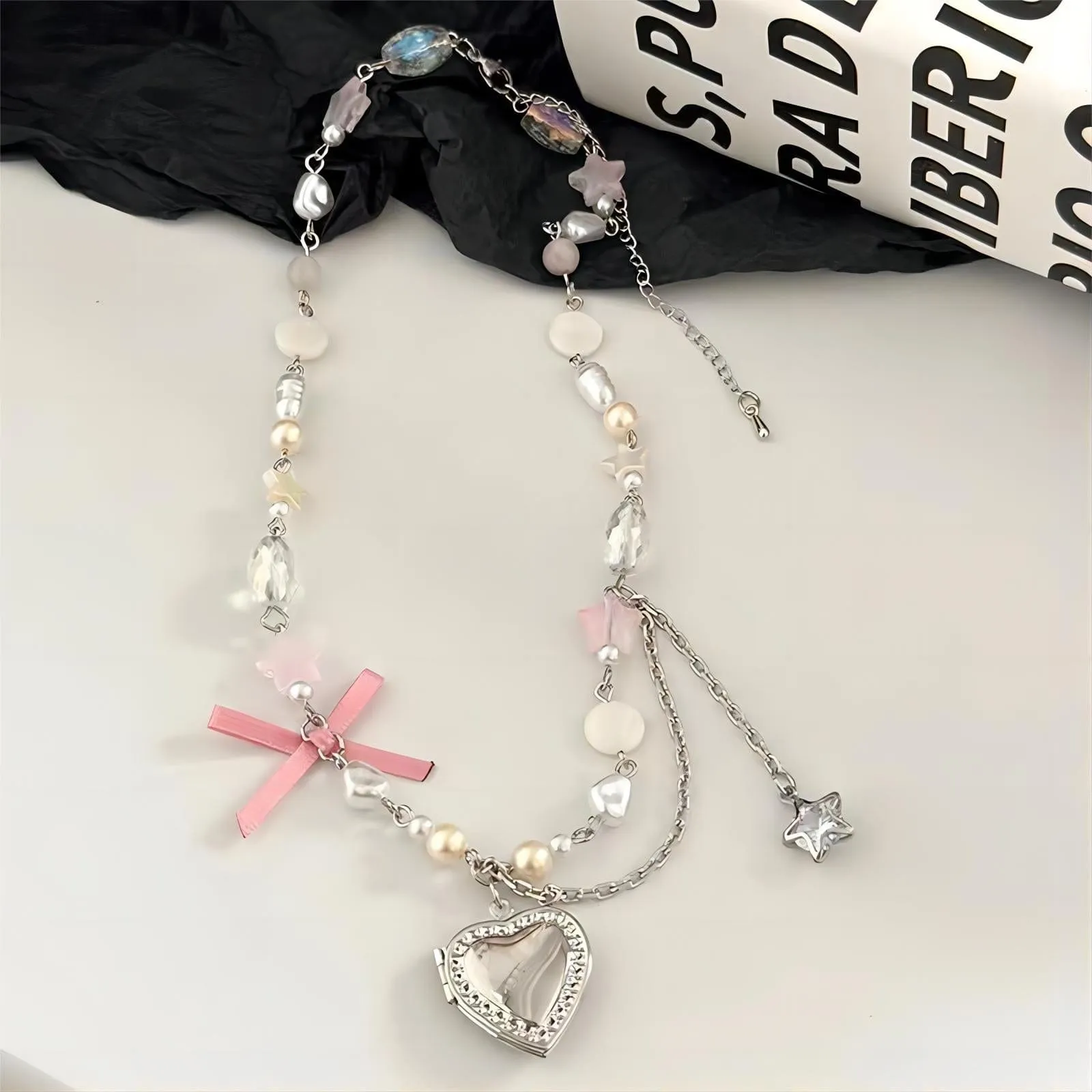Handmade Heart Locket Pendant Crystal Star Pearl Chain Choker Necklace