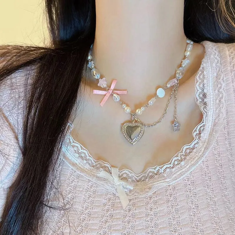 Handmade Heart Locket Pendant Crystal Star Pearl Chain Choker Necklace