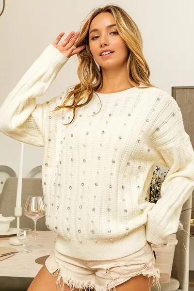 Hazel Blues® |  BiBi Pearl & Rhinestone Decor Long Sleeve Sweater