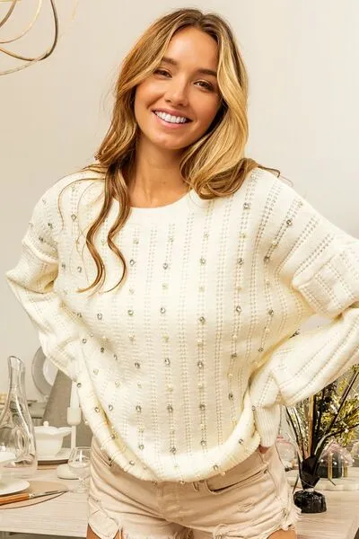 Hazel Blues® |  BiBi Pearl & Rhinestone Decor Long Sleeve Sweater