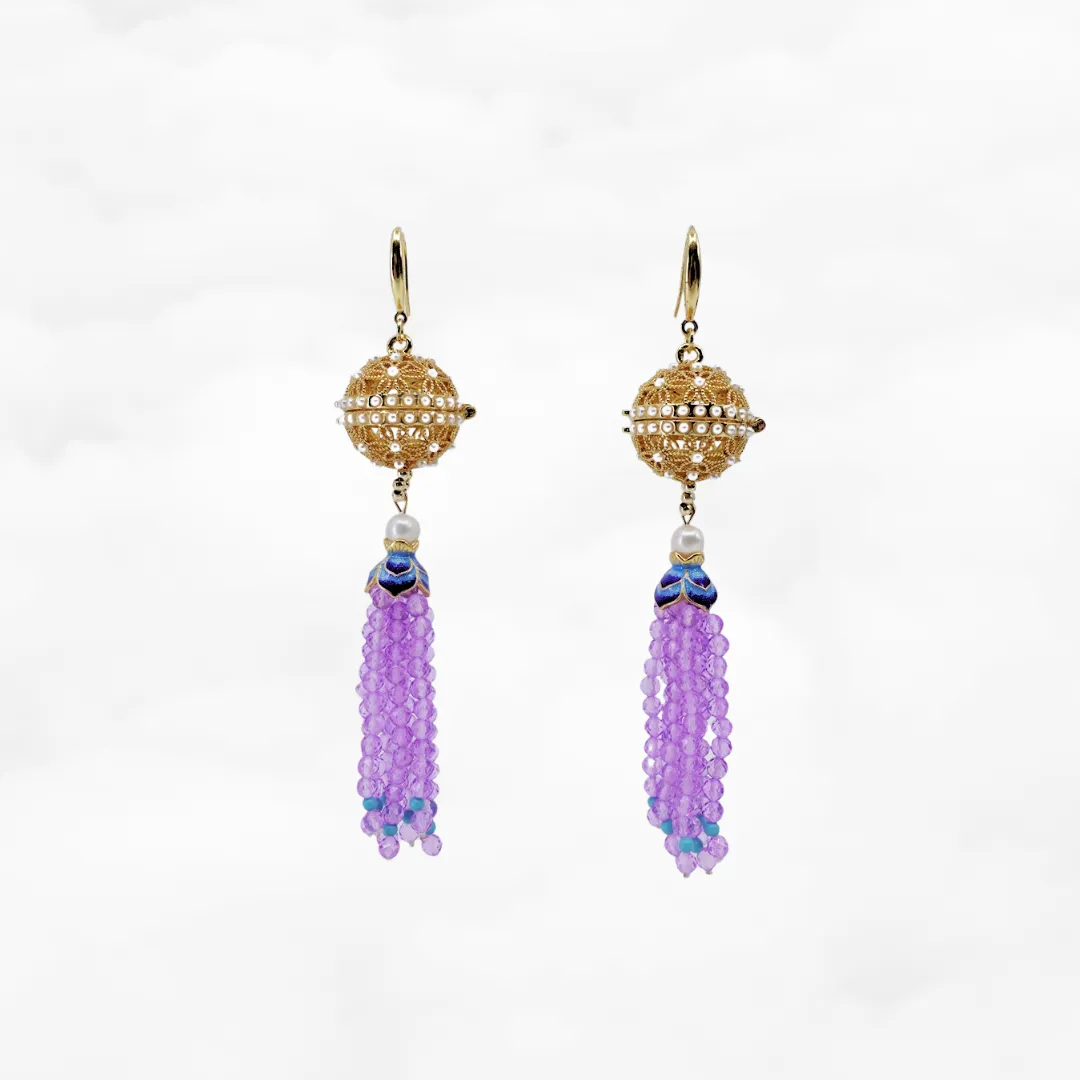 Herbal Locket Gemstone Tassel Earrings - Lavender Zircon