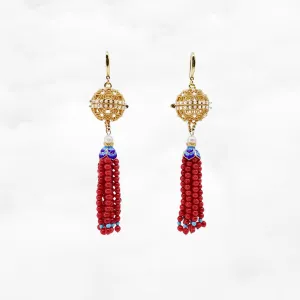 Herbal Locket Gemstone Tassel Earrings - Red Coral