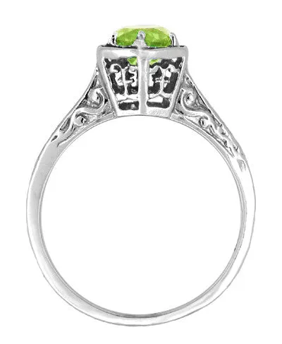 Hexagonal Filigree Art Deco Peridot Ring in 14 Karat White Gold