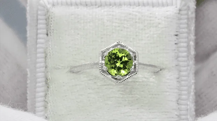 Hexagonal Filigree Art Deco Peridot Ring in 14 Karat White Gold
